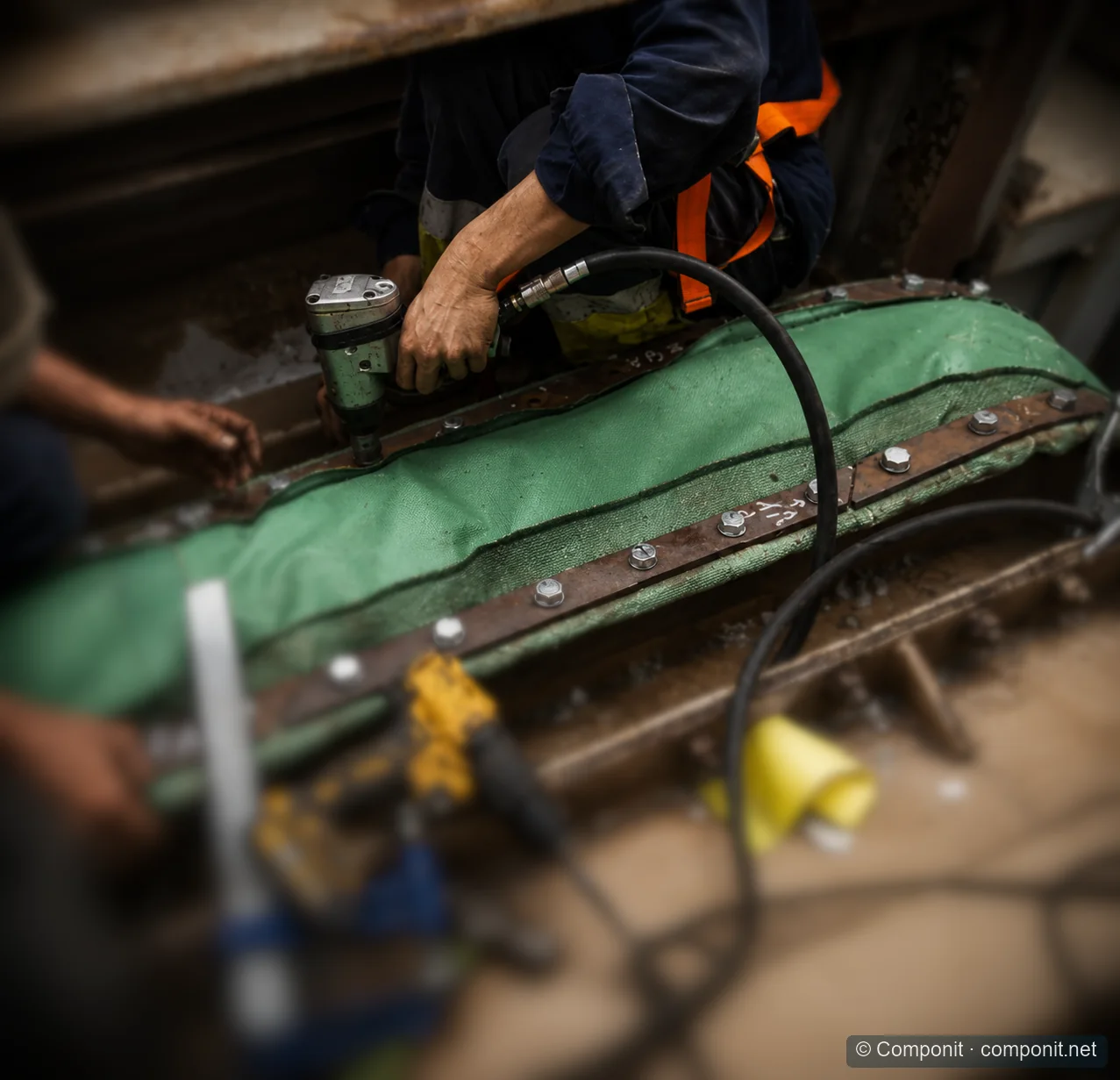 Trabajo de mantenimiento y reparación sobre una junta de expansión textil