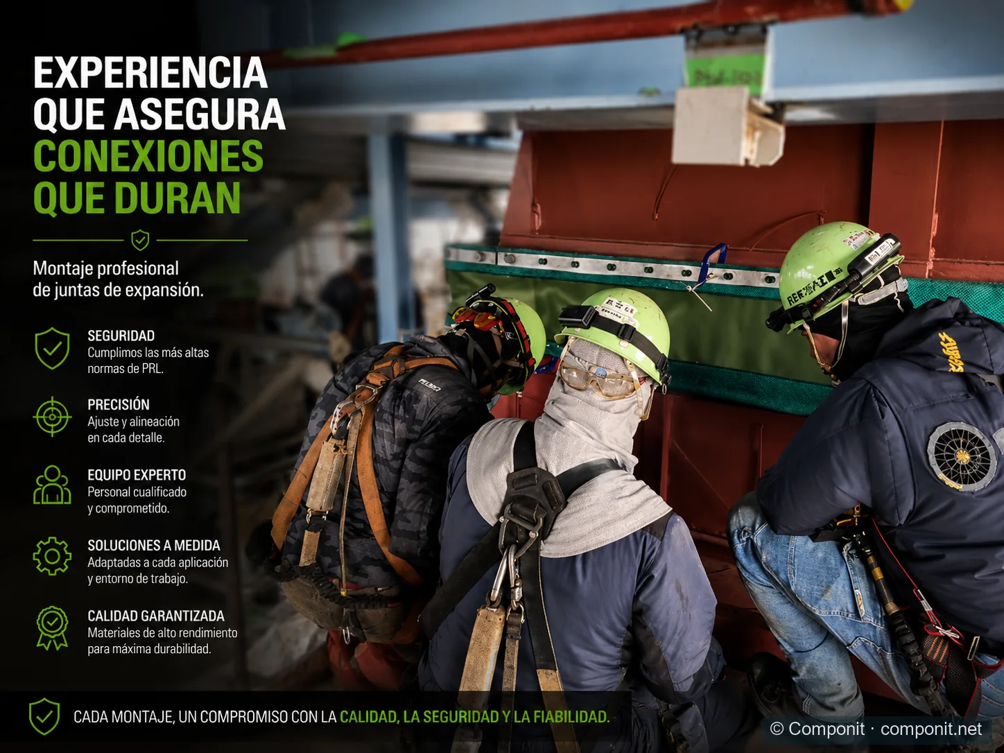 Equipo técnico realizando el montaje profesional de una junta de expansión textil