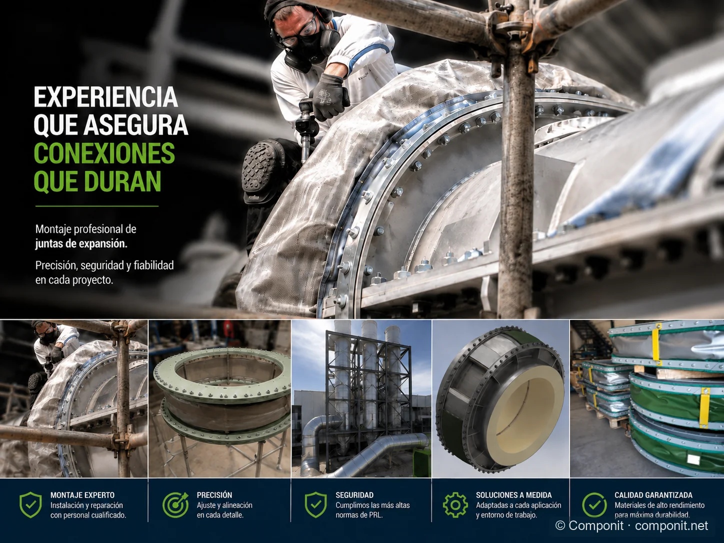 Presentación visual de la experiencia de Componit en montaje profesional de juntas de expansión, seguridad, precisión y soluciones a medida