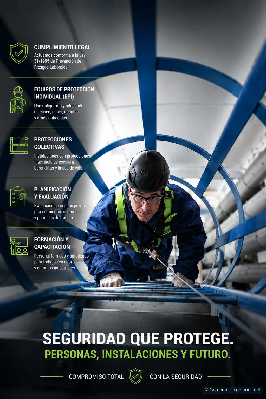 Técnico equipado con casco, gafas, arnés y protección anticaídas en un acceso industrial